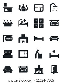 Set of vector isolated black icon - baby room vector, bed, shower, checkroom, fireplace, hospital, meeting, plan, rent, rooms, bedroom, cushioned furniture, door