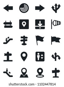 Set of vector isolated black icon - elevator vector, escalator, signpost, right arrow, left, wind, radar, route, pin, download, place tag, flag, guidepost