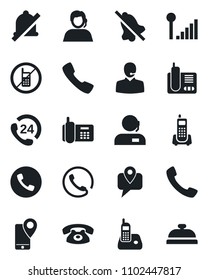 Set of vector isolated black icon - phone vector, no mobile, office, 24 hours, support, tracking, radio, call, mute, cellular signal, reception