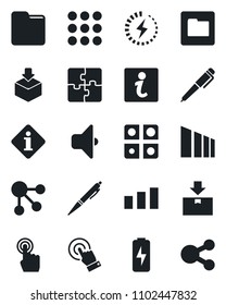 Set of vector isolated black icon - package vector, sorting, touch screen, menu, folder, charge, application, pen, sound, information, social media