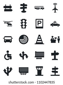 Set of vector isolated black icon - airport tower vector, plane radar, bus, parking, passport control, signpost, alarm car, border cone, helicopter, disabled, route, traffic light, truck trailer