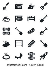 Set of vector isolated black icon - job vector, garden fork, shovel, caterpillar, pond, rack, rent, bacon, open close, rocket