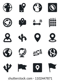 Set of vector isolated black icon - globe vector, seat map, route, navigation, earth, pin, mobile tracking, network, place tag, compass, flag