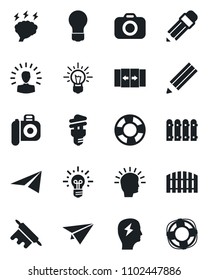 Set of vector isolated black icon - automatic door vector, brainstorm, bulb, camera, pencil, fence, rolling pin, energy saving, shining head, idea, paper plane, crisis management