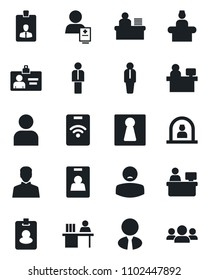 Set of vector isolated black icon - female vector, reception, manager, identity card, place, patient, user, desk, estate agent, pass, group