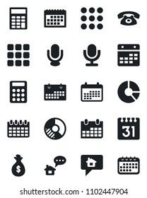Set of vector isolated black icon - calendar vector, circle chart, microphone, menu, calculator, phone, home message, money bag