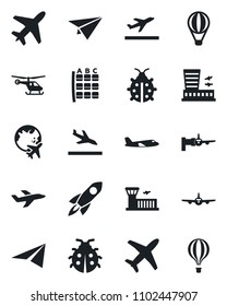 Set of vector isolated black icon - plane vector, departure, arrival, boarding, helicopter, seat map, globe, airport building, lady bug, rocket, paper, air balloon