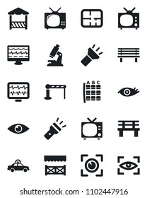 Set of vector isolated black icon - barrier vector, tv, alarm car, seat map, bench, monitor pulse, microscope, eye, torch, plan, alcove, scan