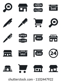 Set of vector isolated black icon - 24 around vector, pen, store, search cargo, sale, sold signboard, cafe building, open close, cart, storefront