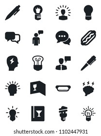 Set of vector isolated black icon - speaking man vector, pen, brainstorm, bulb, dialog, wine card, hot dog, energy saving, shining head, idea