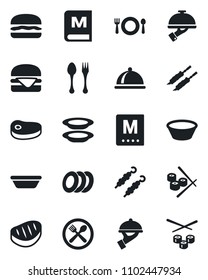 Set of vector isolated black icon - spoon and fork vector, dish, cafe, menu, plates, waiter, steak, kebab, hamburger, bowl, sushi