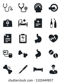 Set of vector isolated black icon - bed vector, heart pulse, doctor case, diagnosis, stethoscope, blood pressure, pills, ampoule, scalpel, tomography, hospital, stomach, broken bone, clipboard