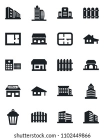 Set of vector isolated black icon - fence vector, garden light, hospital, store, office building, house with garage, plan, cafe