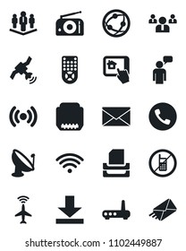 Set of vector isolated black icon - plane radar vector, phone, no mobile, speaking man, mail, team, satellite antenna, radio, remote control, network, hdmi, download, paper tray, company, wireless