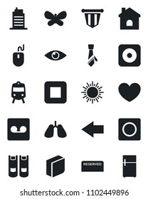 Set of vector isolated black icon - train vector, left arrow, sun, book, pennant, mouse, butterfly, house, heart, lungs, eye, stop button, rec, record, blank box, tie, city, reserved, fridge