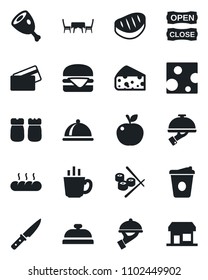 Set of vector isolated black icon - coffee vector, dish, reception, waiter, salt and pepper, bread, cafe table, open close, credit card, steak, ham, hamburger, knife, sushi, apple fruit, cheese