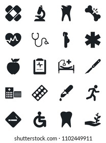 Set of vector isolated black icon - smoking place vector, heart pulse, stethoscope, dropper, microscope, pills blister, scalpel, patch, ambulance star, run, hospital bed, disabled, tooth, caries