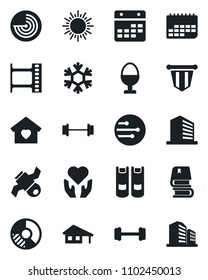 Set of vector isolated black icon - sun vector, radar, office building, book, pennant, circle chart, barbell, heart hand, satellite, term, film frame, network, calendar, house with garage, egg stand