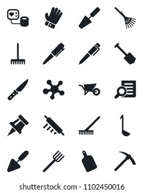 Set of vector isolated black icon - document search vector, pen, job, trowel, farm fork, rake, wheelbarrow, glove, blood pressure, share, drawing pin, ladle, rolling, cutting board, knife, hard work