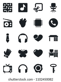 Set of vector isolated black icon - phone vector, tv, office chair, desk, tie, stamp, glove, butterfly, real heart, radio, headphones, cut, music, chip