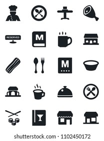 Set of vector isolated black icon - spoon and fork vector, coffee, cook, dish, restaurant table, cafe, wine card, menu, reserved, bacon, building, ham, bowl, sushi, storefront