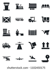 Set of vector isolated black icon - airport tower vector, runway, arrival, bus, waiting area, fork loader, plane, helicopter, building, wheelbarrow, ambulance car, truck trailer, sea port, container