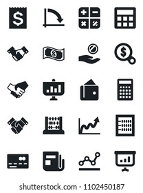 Set of vector isolated black icon - credit card vector, handshake, calculator, abacus, crisis graph, receipt, news, point, wallet, growth, money search, investment, cash, presentation