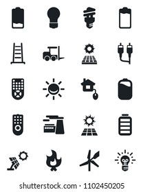 Set of vector isolated black icon - fork loader vector, bulb, factory, ladder, fire, remote control, battery, low, rca, sun panel, home, energy saving, windmill, alarm led, idea
