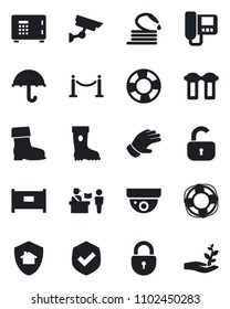 Set of vector isolated black icon - fence vector, passport control, safe, lock, glove, boot, hose, umbrella, shield, intercome, water filter, home protect, surveillance, crisis management