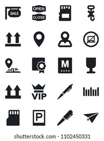 Set of vector isolated black icon - parking vector, no laptop, vip, pen, navigation, pin, fragile, up side sign, hook, barcode, sd, sertificate, sale, menu, open close, paper plane