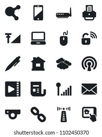 Set of vector isolated black icon - antenna vector, clouds, mail, mouse, pen, printer, house, news, cell phone, laptop pc, share, chain, video, cellular signal, wireless lock, router, web camera