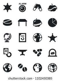 Set of vector isolated black icon - ticket office vector, globe, document reload, pills, diet, earth, pie graph, table, police, alarm led