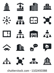 Set of vector isolated black icon - hierarchy vector, well, molecule, hospital, office building, garage, plan, home message