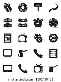Set of vector isolated black icon - alarm clock vector, abacus, stamp, sickle, plant label, reel, vinyl, flame disk, tv, call, open close, turkish coffee