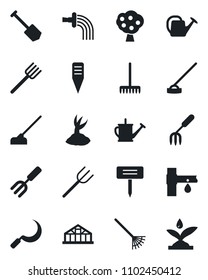 Set of vector isolated black icon - job vector, garden fork, farm, rake, watering can, sproute, hoe, sickle, plant label, greenhouse, drip irrigation, fruit tree