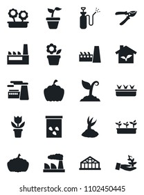 Set of vector isolated black icon - factory vector, flower in pot, seedling, sproute, pruner, pumpkin, greenhouse, seeds, garden sprayer, eco house, palm