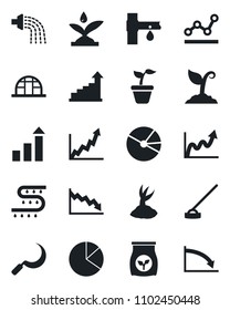 Set of vector isolated black icon - growth statistic vector, seedling, watering, sproute, hoe, sickle, greenhouse, fertilizer, drip irrigation, pie graph, point, crisis