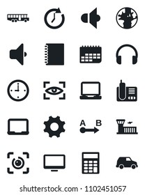 Set of vector isolated black icon - airport bus vector, building, notebook pc, earth, term, route, speaker, headphones, monitor, laptop, radio phone, settings, eye id, copybook, clock, calculator