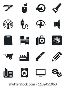 Set of vector isolated black icon - mouse vector, desk, pencil, ripper, wheelbarrow, pruner, saw, garden knife, dropper, tomography, camera, antenna, speaker, monitor, radio phone, fingerprint id