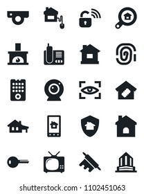 Set of vector isolated black icon - house vector, radio phone, with garage, estate search, key, fireplace, tv, smart home, rolling pin, control, wireless lock, remote, web camera, app, eye scan