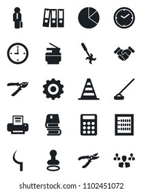 Set of vector isolated black icon - stamp vector, border cone, gear, pruner, hoe, sickle, ripper, clock, pie graph, calculator, abacus, paper binder, printer, copier, handshake, manager, book, group