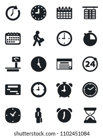 Set of vector isolated black icon - 24 around vector, alarm clock, flight table, calendar, heavy scales, stopwatch, manager, schedule, sand