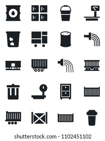 Set of vector isolated black icon - trash bin vector, checkroom, bucket, watering, railroad, truck trailer, cargo container, consolidated, oil barrel, heavy scales, archive box, water filter