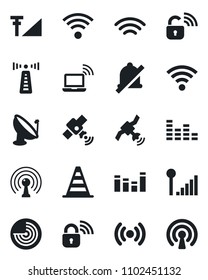 Set of vector isolated black icon - antenna vector, wireless notebook, border cone, radar, satellite, equalizer, mute, cellular signal, lock