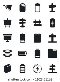 Set of vector isolated black icon - signpost vector, notepad, presentation board, wheelbarrow, battery, low, folder, charge, blank box, plates, guidepost
