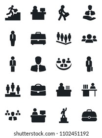 Set of vector isolated black icon - manager vector, pedestal, team, place, client, case, company, desk, career ladder, group