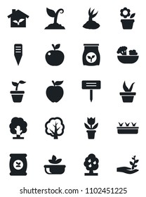 Set of vector isolated black icon - flower in pot vector, seedling, tree, sproute, plant label, fertilizer, fruit, salad, apple, eco house, palm