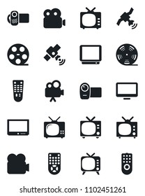 Set of vector isolated black icon - tv vector, reel, satellite, video camera, remote control, monitor