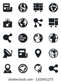 Set of vector isolated black icon - satellite antenna vector, bomb in case, plane globe, earth, pin, consolidated cargo, network, share, news, social media