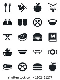 Set of vector isolated black icon - spoon and fork vector, picnic table, cafe, menu, salad, salt pepper, steak, hamburger, bowl, sushi, apple fruit